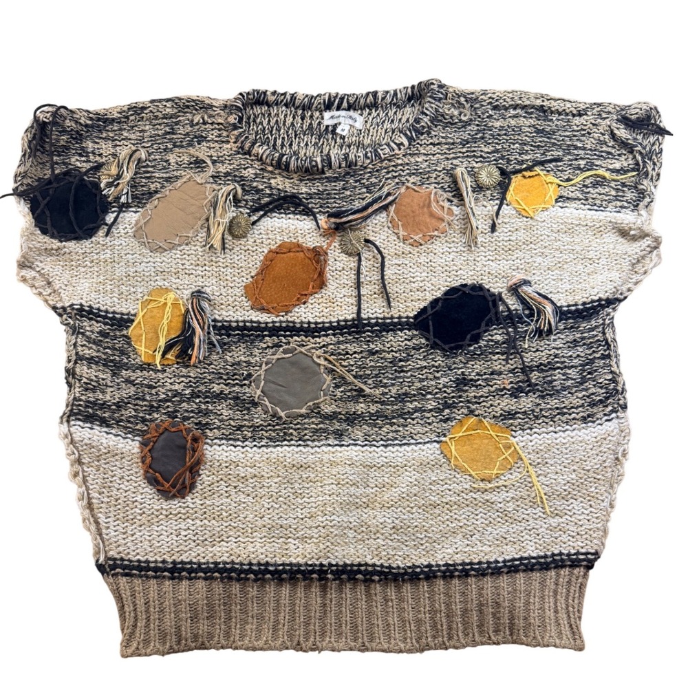 Italy Boho Grunge Chunky Mixed Media Knit Sweater Leather‎ Patches Tassels Tan M
